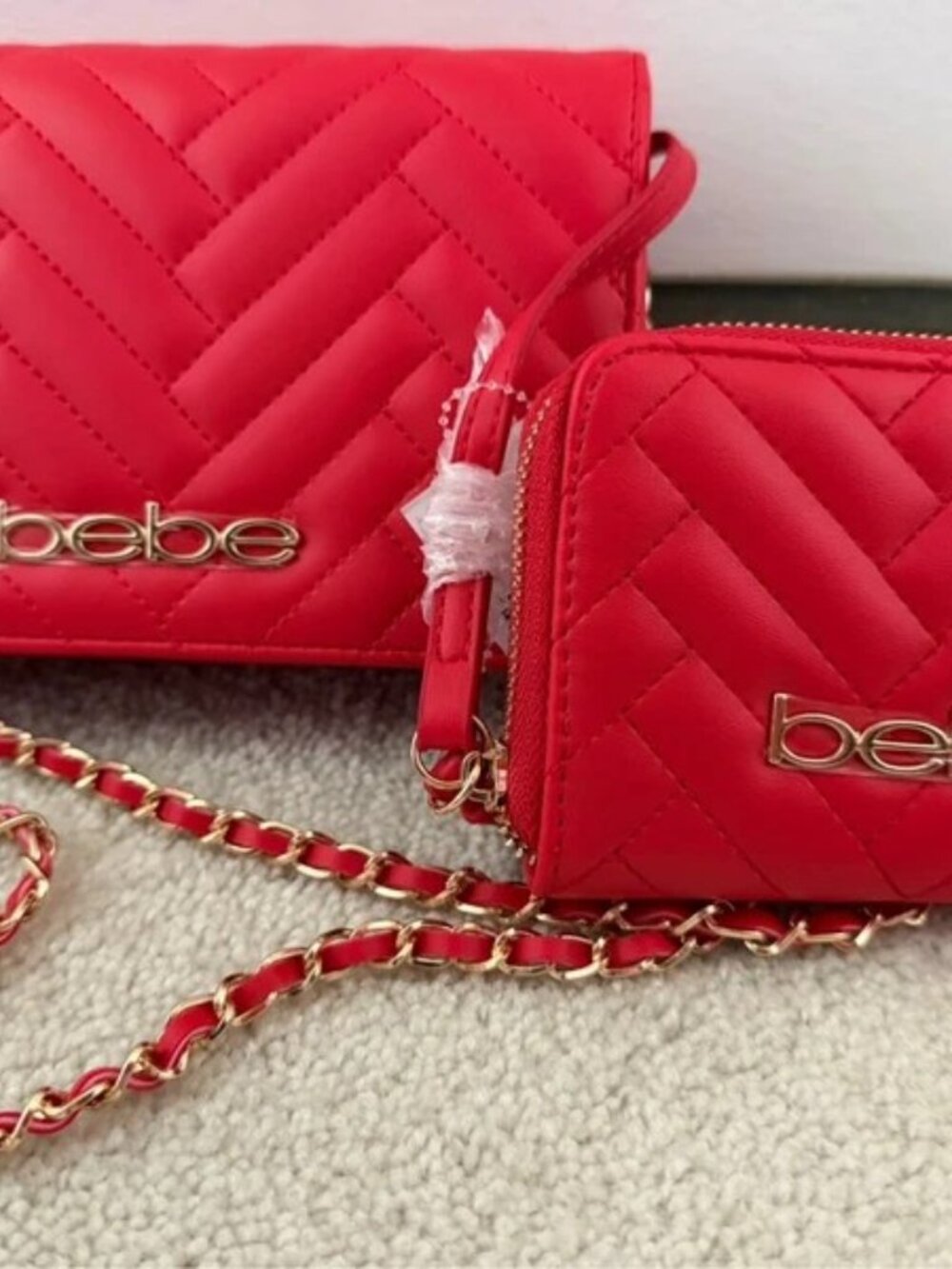 bebe Quilted Crossbody Bag Set in Red